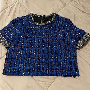 Crop top with sequin sleeve & collar